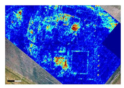 Imagen de la ciudad romana de Sásamo tomada con tecnología LIDAR, en la parte inferior derecha se observa una edificación con peristilo.