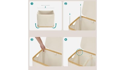 Cesto para roupa suja com tampa e dois compartimentos.