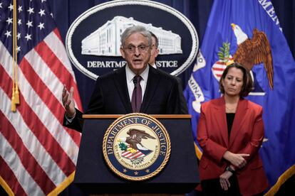 Attorney General Merrick Garland speaks during a news conference at the U.S. Department of Justice headquarters, on April 14, 2023.