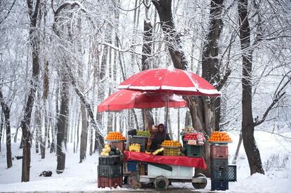 Un vendedor de fruta espera a los clientes durante una nevada en las afueras de Srinagar.