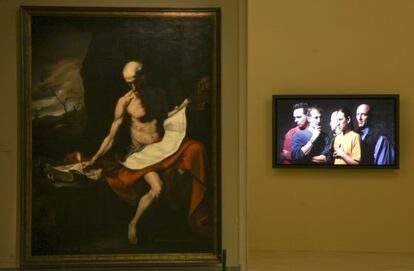 One of Bill Viola&#039;s videoworks hangs next to a Ribera in the San Fernando Academy. 