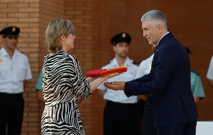 El ministro del Interior, Fernando Grande-Marlaska, durante la ceremonia de izado de bandera en la IV Conferencia Internacional sobre Financiación para el Desarrollo de Naciones Unidas, en el Palacio de Congresos y Exposiciones (Fibes) de Sevilla.