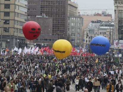 La manifestaci&oacute;n denominada &quot;Marcha de Millones&quot; para exigir reformas del sistema pol&iacute;tico y elecciones presidenciales, hoy en Mosc&uacute;.