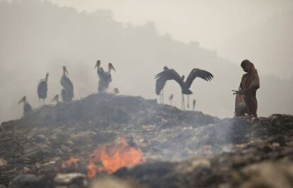 Una mujer busca material para reciclar entre los restos de un vertedero a las afueras de Gauhati (India).