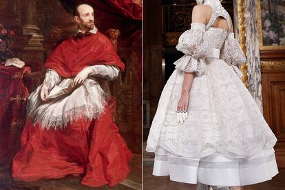 A la izquierda, retrato del cardenal Guido Bentivoglio. A la derecha, diseño de Alexander McQueen emulando los roquetes eclesiásticos.