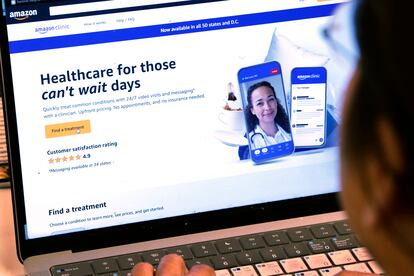 A page from Amazon's clinic site is shown on a laptop in New York on Tuesday, Aug. 1, 2023