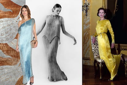 Desde la izda., tejido de terciopelo de Mariano Fortuny; la modelo Natalia Vodianova con un Delphos vintage de Fortuny en la entrega de premios British Fashion Awards en 2009; un modelo Delphos de 1912; y la socialité Gloria Vanderbilt con otro de los vestidos del artista, fotografiada por Horst P. Horst en Nueva York.