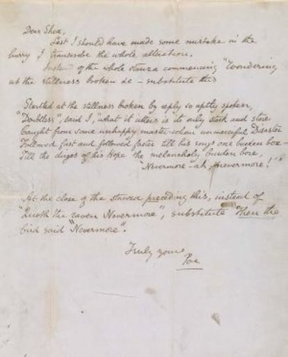 Carta de Poe a John Augustus Shea en 1845.