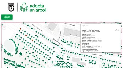 Captura de pantalla del mapa virtual de 'Adopta un árbol' que muestra el plátano de sombra que figura como adoptado, pero que realmente fue talado por las obras de la nueva estación de metro en Madrid Río.