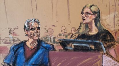 Jeffrey Epstein listens during a victim hearing, in an illustration by Rosenberg, in July 2019.