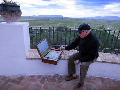 El pintor Josep Esteve Adam a la Muntanyeta dels Sants.