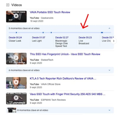 Capítulos de un vídeo de YouTube en los resultados de Google.
