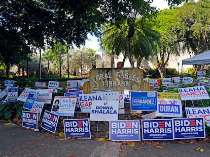 Campaigning signs outside a library in Coral Gables, Florida during the last day of early voting.