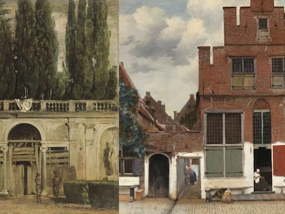 'Vista del jardín de la Villa Medici en Roma', de Velázquez (izquierda), y 'Vista de casas en Delft (La callejuela)', de Vermeer, ambos en la exposición del Prado. 