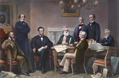 Abraham Lincoln reading the Emancipation Proclamation before his cabinet. From an engraving by Alexander Hay Ritchie after a painting by Francis Carpenter.