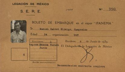 Tarjeta de embarque en el vapor Ipanema a nombre de Manuel Calvet Hidalgo.