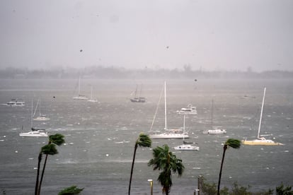 El viento y la lluvia azotan el área mientras el huracán Milton se acerca, el 9 de octubre a Sarasota (Florida).