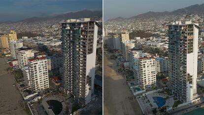 Vista aérea de Acapulco, antes y después del huracán.