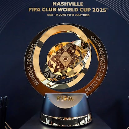 The FIFA Club World Cup soccer trophy is displayed for public viewing Friday, May 16, 2025, in Nashville, Tenn. The soccer trophy was displayed in Nashville as part of a tour before this summer's soccer tournament kicks off, with Nashville hosting three matches.(AP Photo/Mark Humphrey)