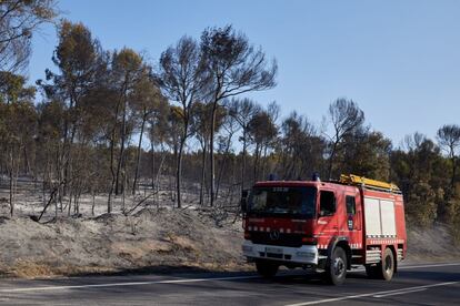 Un camión de bomberos pasa este domingo junto a un paraje forestal arrasado por el incendio de Ventalló (Girona), este domingo.