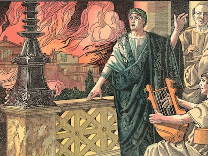 Grabado de Ner&oacute;n observando el Gran incendio de Roma.