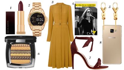 1. Kevyn Aucoin Labial 'The Expert lip color' en el tono Bloodroses 2. Michael Kors Access Reloj inteligente 'Bradshaw' en tono dorado 3. Topshop Unique Vestido midi de manga larga 4. Gloria Steinem 'Mi vida en la carretera' (Alpha Decay, 2016) 5. Louis Vuitton Pendientes largos 6. Chanel Paleta 7. Alexandre Birman Sandalias con lazada 8. Samsung Nuevo smartphone 'A3' en dorado.