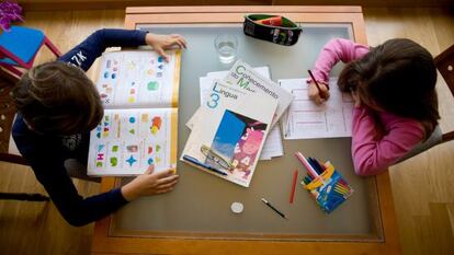 Dos niños hacen sus deberes escolares en gallego