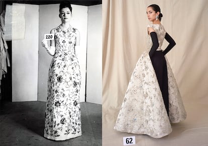 Primera foto: vestido de Cristóbal Balenciaga para la colección de verano de 1960, en el que se inspira Demna Gvasalia para una de sus última creaciones (segunda foto).