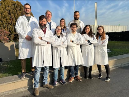 El biotecnólogo Angelo Lombardo (en primer plano, con barba y flequillo), con sus colegas del Instituto de Terapia Génica de San Raffaele Telethon, en Milán.