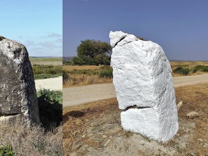 El menhir de La Lancha, ubicado en un cruce de caminos de Arcos de la Frontera, antes y después de ser pintado de blanco, en unas imágenes tomadas por el investigador Agustín García Lázaro.