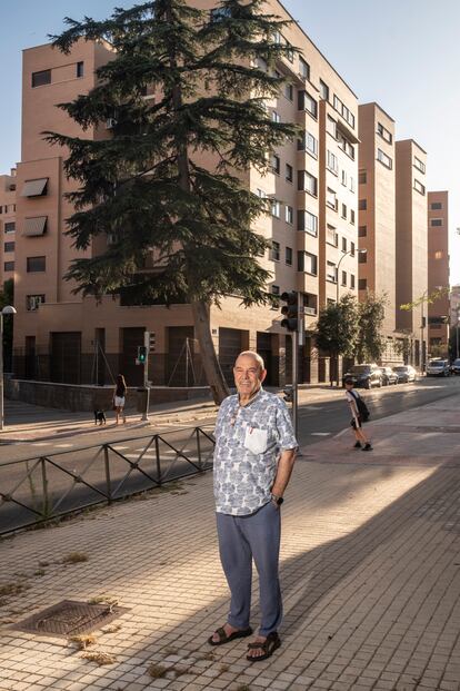 Valentín González, delante del único recuerdo que queda en pie de la fábrica de cemento: un pino.