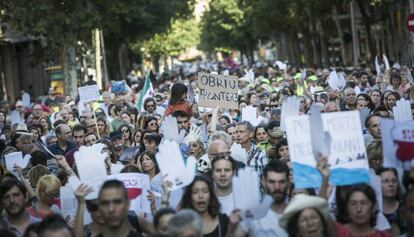 La manifestaci&oacute; a favor dels refugiats al centre de Barcelona.