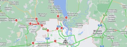A las 10 de la mañana del sábado (CET) todos los accesos del noroeste de la ciudad están bloqueados. | Herramienta de monitoreo de tráfico de Googlemaps