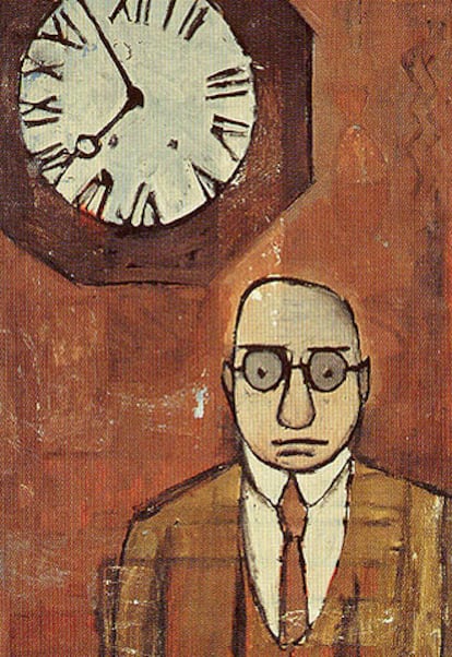 <i>Composición con hombre y reloj,</i> fotografiado en la pasada edición de Arco. Con el tiempo, las dos obras desaparecidas transparentaron las inicialmente pintadas en la telas.