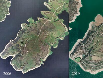 Imágenes de la isla de Valdecañas, en Cáceres, antes y después de construirse el resort de lujo.