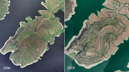 Imágenes de la isla de Valdecañas, en Cáceres, antes y después de construirse el resort de lujo.