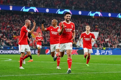 Goncalo Ramos después de marcar el segundo gol del Benfica durante el partido contra el Brujas, de los octavos de final de la Champions League