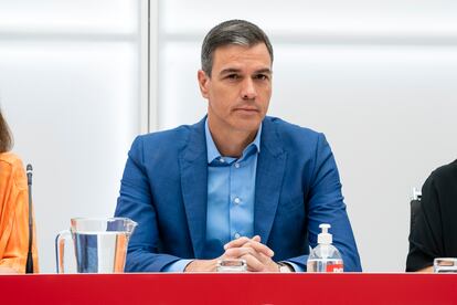 Sánchez, este martes en la sede del PSOE en Ferraz.