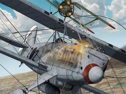 Portada del cómic 'La sombra del Cóndor', de Gerardo Balsa, en la que un caza alemán Heinkel 51 (el 2•2) es atacado por un Polikarpov I-15 (Chato) republicano.