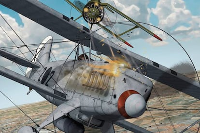 Portada del cómic 'La sombra del Cóndor', de Gerardo Balsa, en la que un caza alemán Heinkel 51 (el 2•2) es atacado por un Polikarpov I-15 (Chato) republicano.