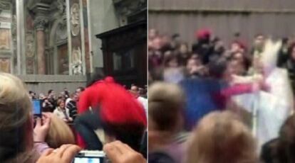 Las imágenes muestran el momento en que una mujer salta una valla de seguridad para dirigirse hacia el Papa y luego éste es zarandeado antes de perder el equilibrio.