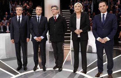 Los candidatos presidenciales en Francia, en el debate de anoche.