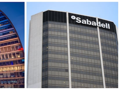 Las sedes corporativas del BBVA y el Sabadell, en sendas fotografías de archivo.