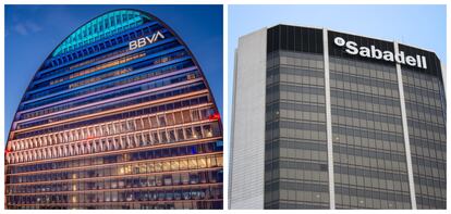 Las sedes corporativas del BBVA y el Sabadell, en sendas fotografías de archivo.