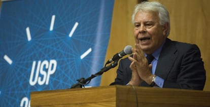 El expresidente del Gobierno Felipe Gonz&aacute;lez, este jueves, en Brasil.