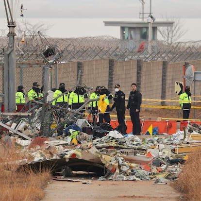 Muan (Republic Of Korea), 29/12/2024.- Police officials gather to conduct search operations around the wreckage site of the Jeju Air aircraft at Muan International Airport in Muan, South Korea, 30 December 2024. According to the South Korea National Fire Agency (NFA), a passenger jet carrying 181 people erupted in flames after going off the runway at an airport in South Korea's southwestern county of Muan on 29 December, leaving 179 people dead as two crew members survived. (Corea del Sur) EFE/EPA/HAN MYUNG-GU
