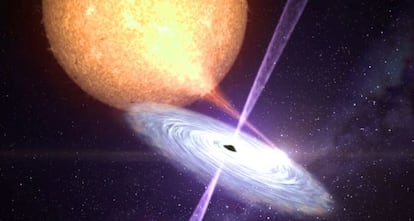 Impresi&oacute;n art&iacute;stica de un agujero negro de un sistema binario. 