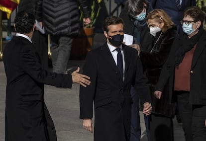 El líder del PP, Pablo Casado, a su llegada al acto institucional celebrado en el Congreso.