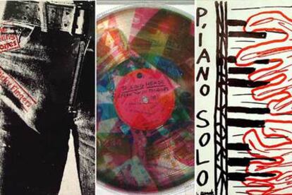 De izquierda a derecha, portadas de 'Sticky Fingers', de los Rolling Stones, por Andy Warhol; 'Speaking in tongues', de los Talking Heads, por R. Rauschenberg, y 'Piano Solo', por A. R. Penck.