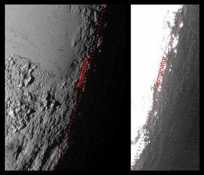 Esta imagen tomada por la sonda espacial New Horizons, procesada de dos maneras diferentes, muestra como si de un brillo se tratara la alta presión atmosférica de Plutón. La fotografía de la derecha se ha aclarado para realzar los detalles de la accidentada topografía del planeta. La línea imaginaria separa las zonas en la que es de día (más iluminada) y de noche.